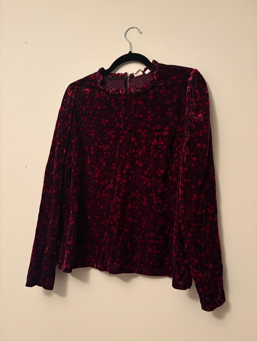 Gap Burgundy Velvet Burnout Floral Ruffle Neck Long Sleeve Top Large